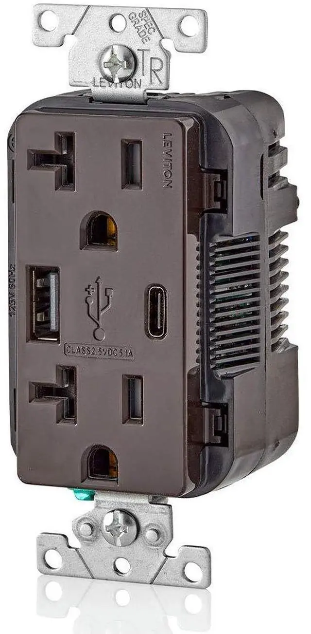 Alt view image 3 of 5 - Leviton Type A & Type-C USB In-Wall Charger with 20A Tamper-Resistant Outlet, USB Charger for Smartphones and Tablets. Not for Laptops, T5833-B, Brown