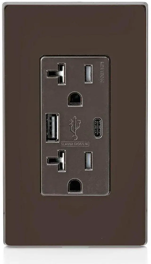 Alt view image 4 of 5 - Leviton Type A & Type-C USB In-Wall Charger with 20A Tamper-Resistant Outlet, USB Charger for Smartphones and Tablets. Not for Laptops, T5833-B, Brown