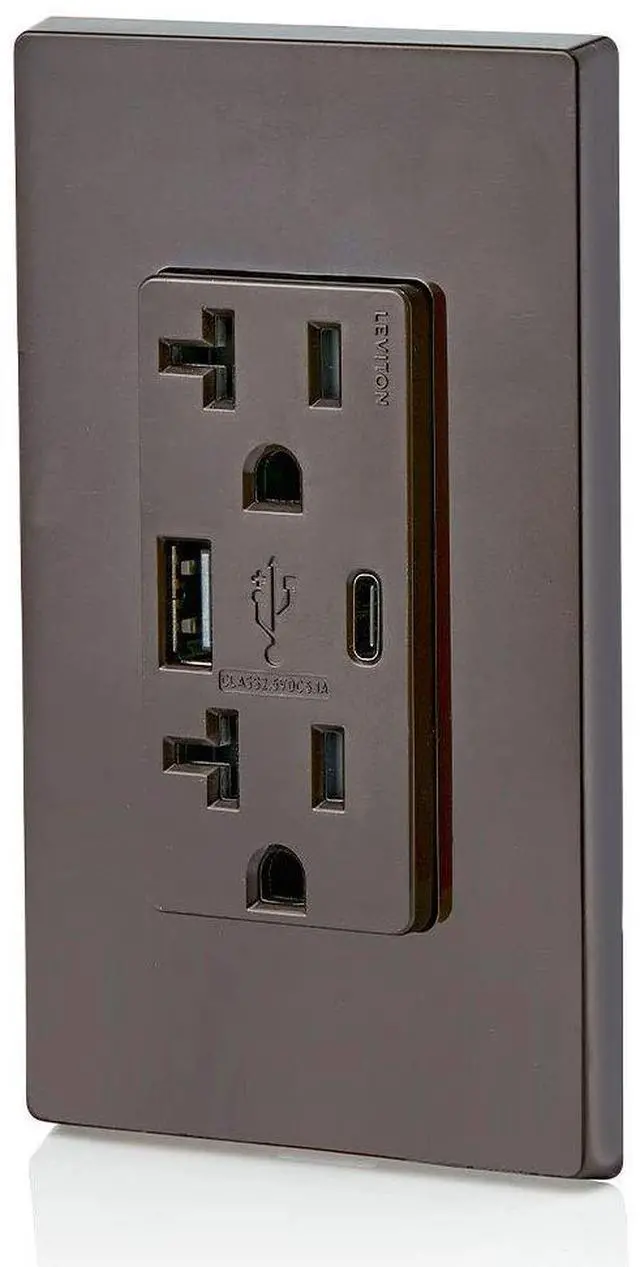 Alt view image 5 of 5 - Leviton Type A & Type-C USB In-Wall Charger with 20A Tamper-Resistant Outlet, USB Charger for Smartphones and Tablets. Not for Laptops, T5833-B, Brown