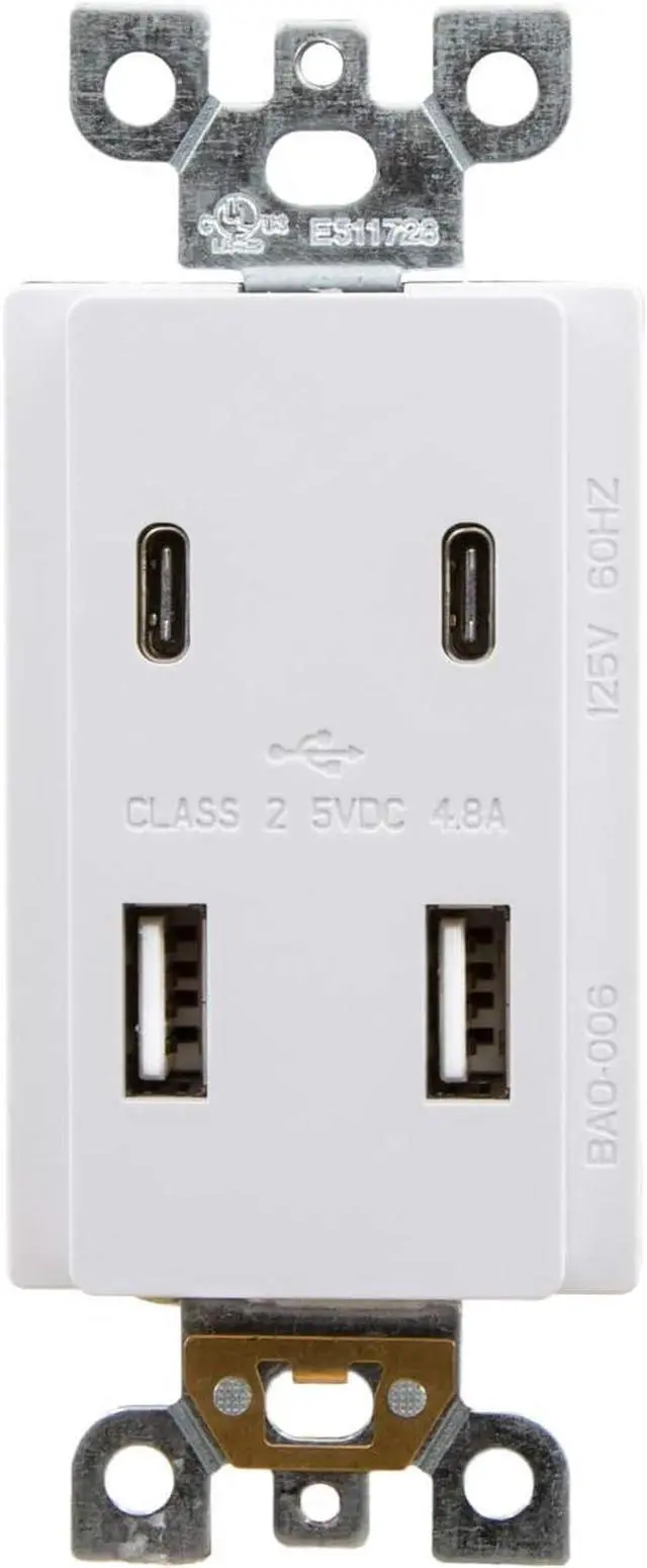 Alt view image 2 of 7 - Maxxima USB Receptacle Outlet - 4.8A USB C/A High Speed 4 USB Wall Charging Ports, Vertical Multi-Plug Socket, Electrical AC Replacement, Outlet Wall Plate Included - White