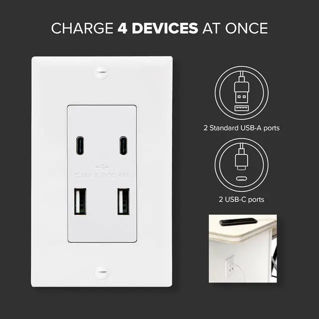 Alt view image 4 of 7 - Maxxima USB Receptacle Outlet - 4.8A USB C/A High Speed 4 USB Wall Charging Ports, Vertical Multi-Plug Socket, Electrical AC Replacement, Outlet Wall Plate Included - White