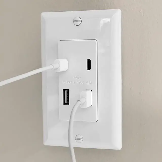 Alt view image 7 of 7 - Maxxima USB Receptacle Outlet - 4.8A USB C/A High Speed 4 USB Wall Charging Ports, Vertical Multi-Plug Socket, Electrical AC Replacement, Outlet Wall Plate Included - White