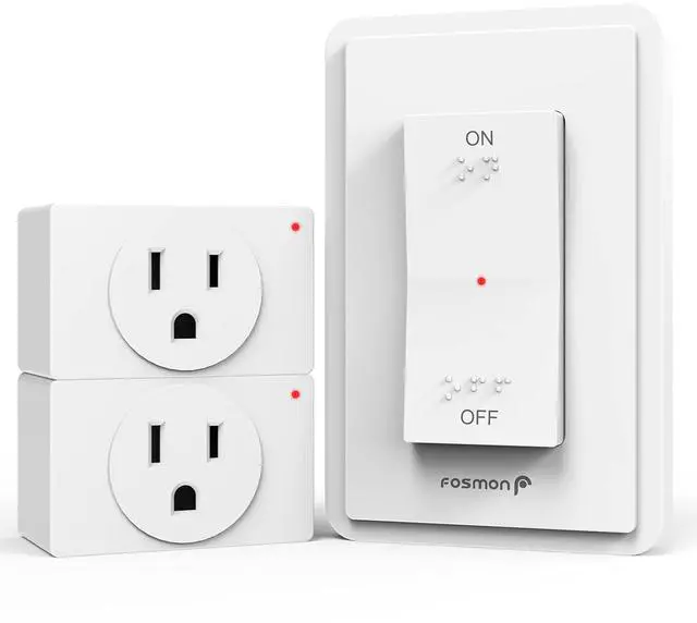 Main image of Fosmon Wireless Remote Control Electrical Outlet Switch (2 Pack) - ETL Listed, (15A, 125V 1875W) Remote Light Switch Outlet Plug with Braille (On/Off) Mark for Lamp, Lights, Fans, Expandable