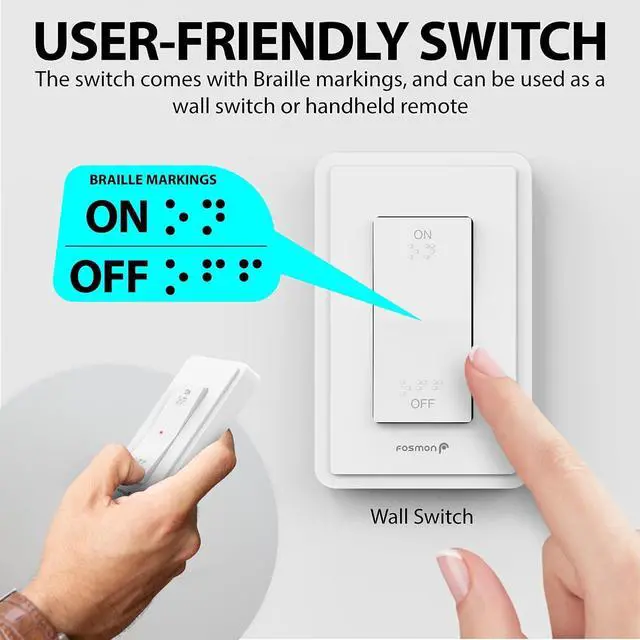Alt view image 6 of 7 - Fosmon Wireless Remote Control Electrical Outlet Switch (2 Pack) - ETL Listed, (15A, 125V 1875W) Remote Light Switch Outlet Plug with Braille (On/Off) Mark for Lamp, Lights, Fans, Expandable