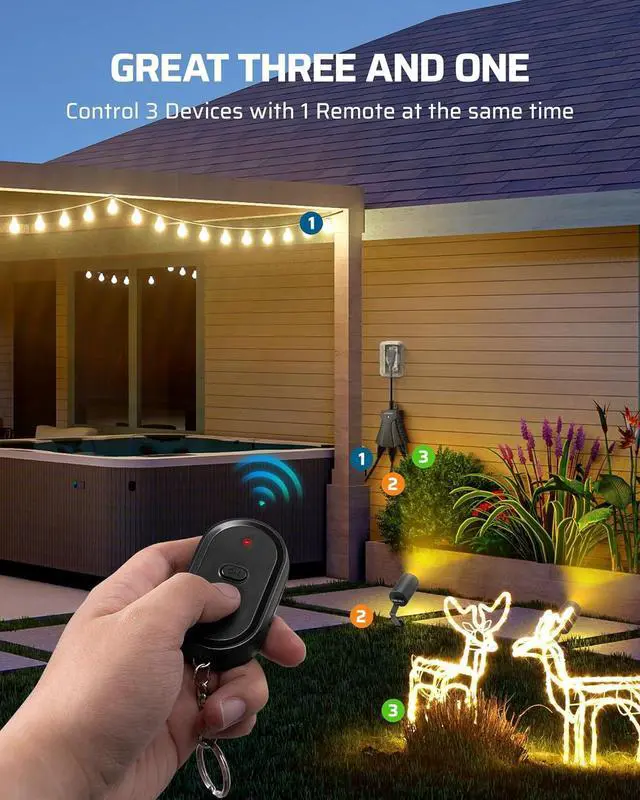 Alt view image 2 of 7 - DEWENWILS Outdoor Remote Control Outlet, Wireless Remote Outlet Power Switch, Weatherproof 15 A Heavy Duty Electrical Plug, 3 Grounded Outlets for String Lights, 100Ft Range, UL Listed