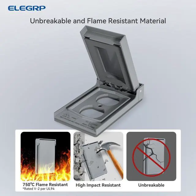 Alt view image 2 of 6 - ELEGRP Vertical Outdoor Cover for Duplex Receptacles, Weatherproof Wall Plate, Outdoor Electrical Outlet Cover, Standard Size 1-Gang 4.85 x 2.82, Thermoplastic, 2 Pack, Grey
