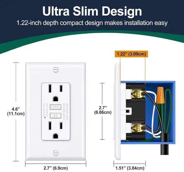 Alt view image 4 of 7 - BESTTEN GFCI Outlet 15 Amp with Super Slim Design, GFI Electrical Outlet with LED Indicator, Non-Tamper-Resistant GFCI Receptacle, Wallplate Included, ETL Certified, 10 Pack, White