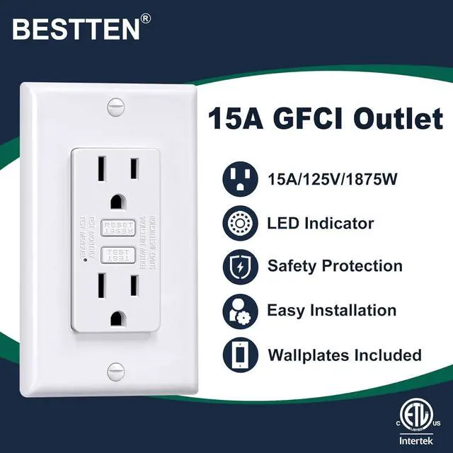 Alt view image 2 of 7 - BESTTEN GFCI Outlet 15 Amp with Super Slim Design, GFI Electrical Outlet with LED Indicator, Non-Tamper-Resistant GFCI Receptacle, Wallplate Included, ETL Certified, 10 Pack, White