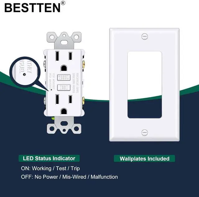 Alt view image 6 of 7 - BESTTEN GFCI Outlet 15 Amp with Super Slim Design, GFI Electrical Outlet with LED Indicator, Non-Tamper-Resistant GFCI Receptacle, Wallplate Included, ETL Certified, 10 Pack, White
