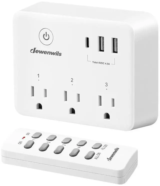 Main image of DEWENWILS Wireless Remote Control Outlet, 125V/15A/1875W Remote USB Outlet Switch, 100FT Control Range, Programmable & Expandable Indoor Remote Control Outlet, FCC Listed