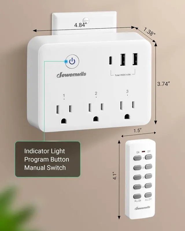 Alt view image 4 of 7 - DEWENWILS Wireless Remote Control Outlet, 125V/15A/1875W Remote USB Outlet Switch, 100FT Control Range, Programmable & Expandable Indoor Remote Control Outlet, FCC Listed
