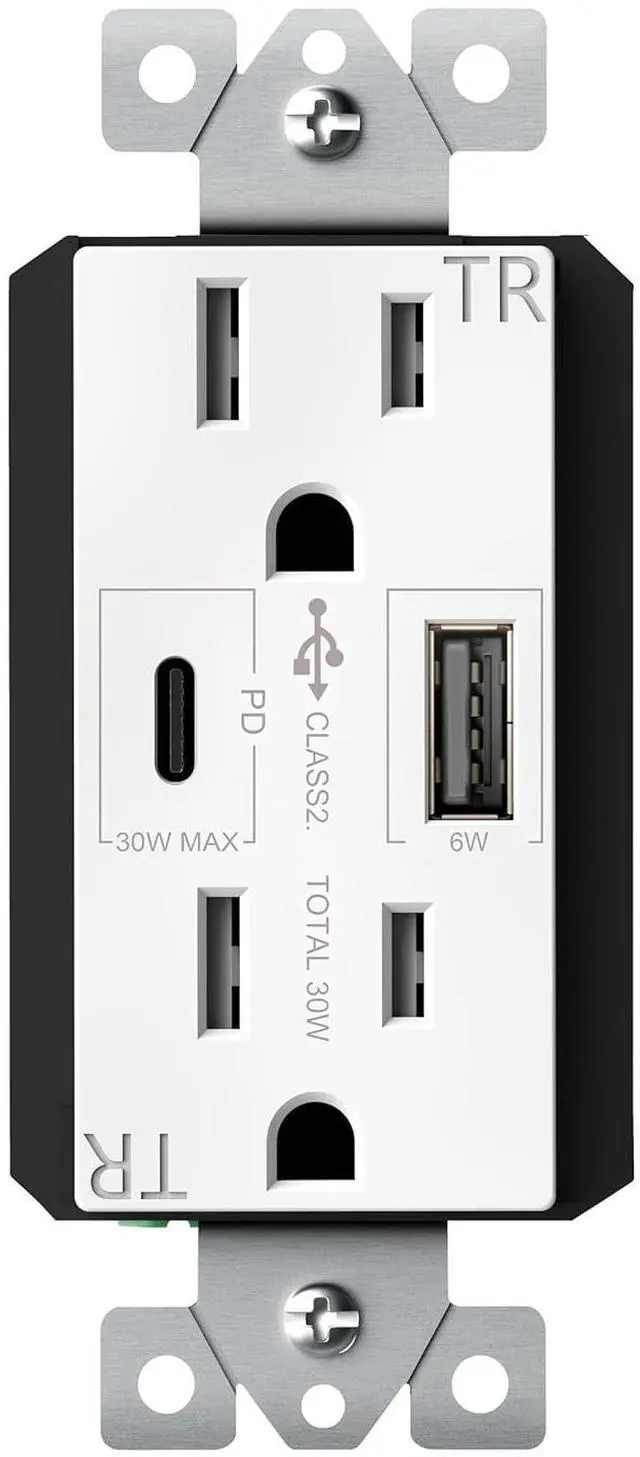 Main image of TOPGREENER USB Outlet, USB Type C Wall Outlet with 36W  , 15A Duplex Tamper-Resistant Receptacle, USB C Outlet for Smartphones, Tablets, Laptops, TU215PD30AC-W, White