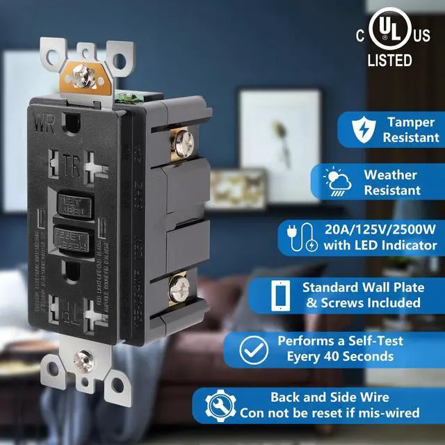 Alt view image 3 of 7 - 10 Pack - POWAWINI GFCI Outlet 20 Amp, UL Listed, Self-Test GFI Receptacles, TamperResistant, Weather Resistant, LED Indicator, with Decor Wall Plates and Screws, Indoor or Outdoor Use (Black)