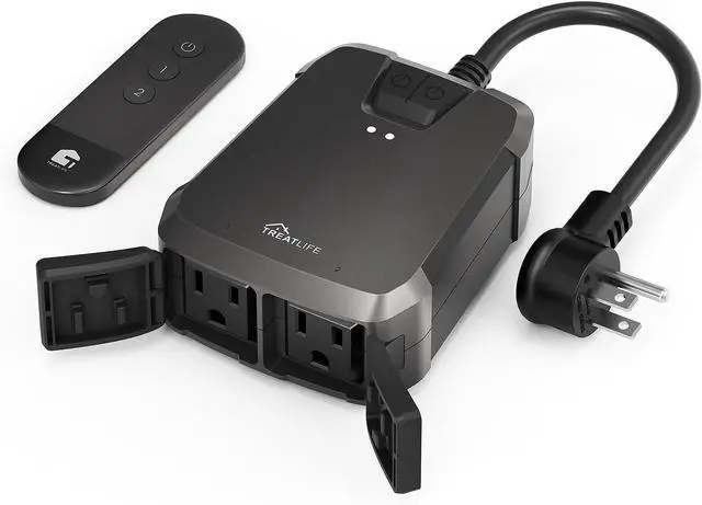 Main image of TREATLIFE Outdoor Wireless Remote Control Outlet, 2-in-1 Individual Control Sockets, IP64 Weather-Resistant Electrical Outlet Switch, Heavy Duty 3-Prong Plug, Max Power 1800W, Battery Included