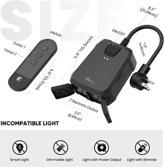 Alt view image 2 of 6 - TREATLIFE Outdoor Wireless Remote Control Outlet, 2-in-1 Individual Control Sockets, IP64 Weather-Resistant Electrical Outlet Switch, Heavy Duty 3-Prong Plug, Max Power 1800W, Battery Included