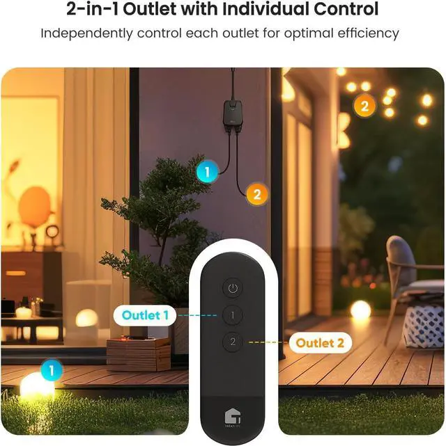 Alt view image 4 of 6 - TREATLIFE Outdoor Wireless Remote Control Outlet, 2-in-1 Individual Control Sockets, IP64 Weather-Resistant Electrical Outlet Switch, Heavy Duty 3-Prong Plug, Max Power 1800W, Battery Included