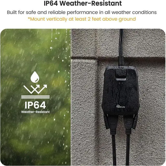 Alt view image 6 of 6 - TREATLIFE Outdoor Wireless Remote Control Outlet, 2-in-1 Individual Control Sockets, IP64 Weather-Resistant Electrical Outlet Switch, Heavy Duty 3-Prong Plug, Max Power 1800W, Battery Included