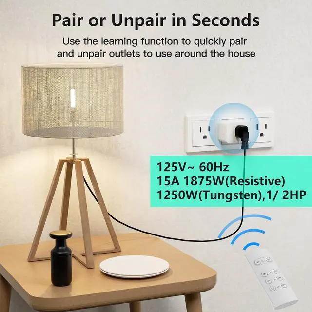 Alt view image 2 of 7 - G-Homa Wireless Electrical Outlets with Remote Control, 1875W/15A, 100FT Range, ETL Listed - 3 Sockets + 1 Remote
