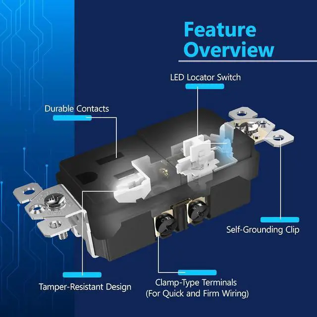 Alt view image 3 of 7 - LIDER Matte Finish Lighted Combination Decorator Switch and Tamper-Resistant Receptacle with Screwless Wall Plate, Single Pole, Residential Grade, 15A 120V/125V, UL Listed, LCS1-1PTR-BKSWP, Black