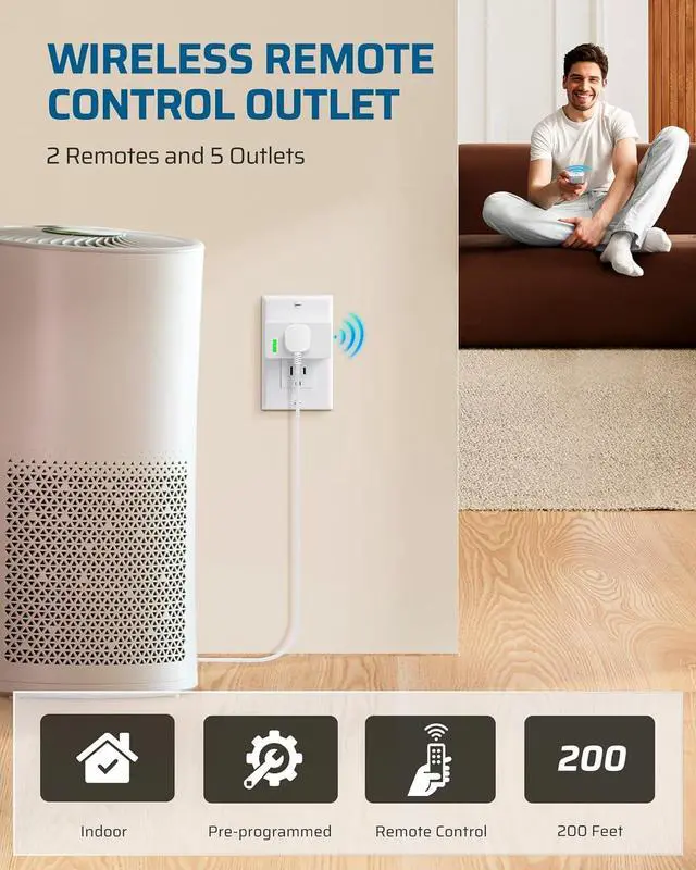 Alt view image 2 of 7 - DEWENWILS Remote Control Outlet, Remote Control Outlet Plug 200FT Range, Indoor Wireless Remote Outlet Switch for Lamps, Fans, Christmas Lights, 15A/1800WFCC & ETL Listed (5 Outlets + 2 Remotes)