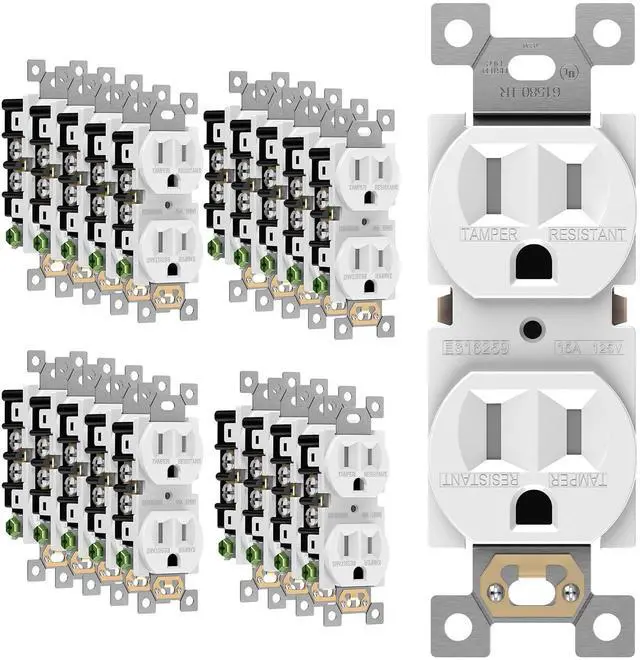 Main image of ENERLITES 20 Pack Duplex Receptacle Outlet, Tamper-Resistant Electrical Wall Outlets, Residential Grade, 3-Wire, Self-Grounding, 2-Pole,15A 125V, UL Listed, 61580-TR-W-20PCS, White