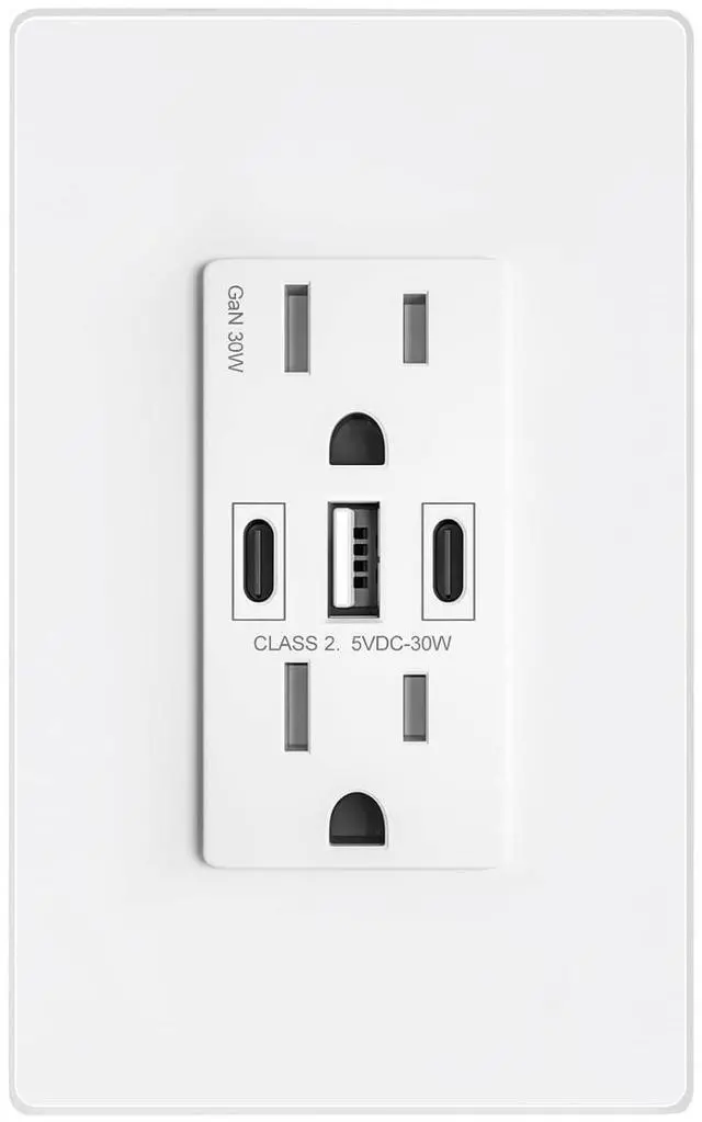 Main image of GaN 30W 6Amp 3-Port USB Wall Outlet, 15 Amp Tamper-Resistant Receptacle with 2 USB Type C & 1 Type A Port, USB Charger for iPhone/iPad/Samsung/LG/HTC, UL Listed