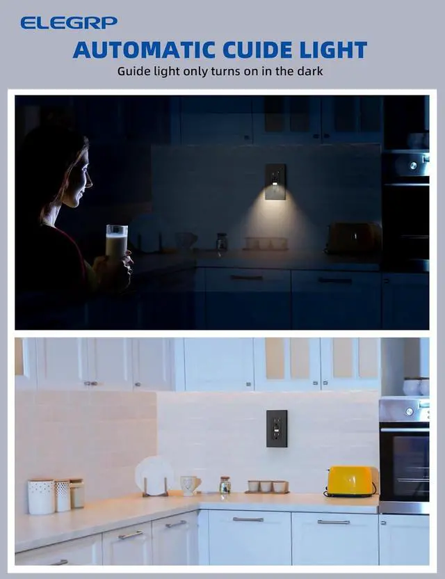 Alt view image 2 of 7 - ELEGRP GFCI Outlet w/Nightlight, 15 Amp Self-Test GFI Electrical Outlet, Thinner Design, Tamper Resistant GFCI Receptacle, Ground Fault Receptacle w/Wall Plate, UL Listed, Matte Black, 1 Pack