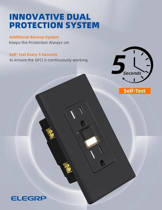 Alt view image 3 of 7 - ELEGRP GFCI Outlet w/Nightlight, 15 Amp Self-Test GFI Electrical Outlet, Thinner Design, Tamper Resistant GFCI Receptacle, Ground Fault Receptacle w/Wall Plate, UL Listed, Matte Black, 1 Pack