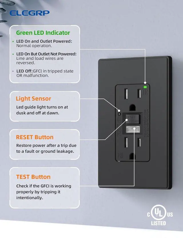 Alt view image 6 of 7 - ELEGRP GFCI Outlet w/Nightlight, 15 Amp Self-Test GFI Electrical Outlet, Thinner Design, Tamper Resistant GFCI Receptacle, Ground Fault Receptacle w/Wall Plate, UL Listed, Matte Black, 1 Pack