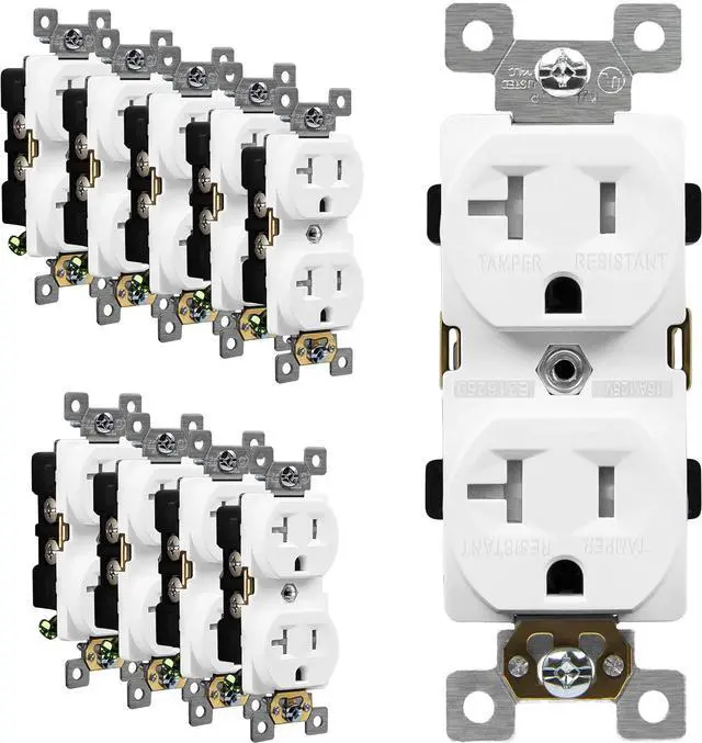 Main image of ENERLITES Duplex Receptacle Outlets, Tamper-Resistant, Industrial Grade, 20A 125V, Self-Grounding, 5-20R, 2-Pole, 3-Wire Grounding, UL Listed, 62080-TR-W-10PCS, White (10 Pack)
