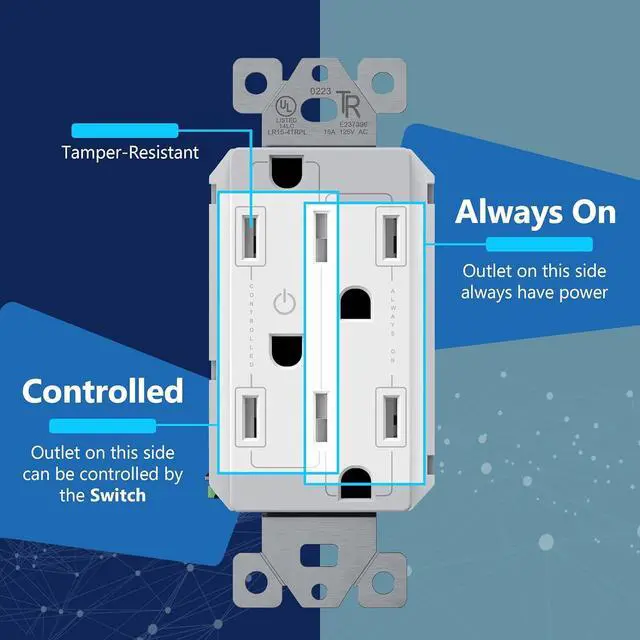 Alt view image 2 of 7 - LIDER Flexiports Decorator Receptacle, Residential Grade, UL Listed, Tamper-Resistant Wall Outlet, Plug Load Control/Always-On Electrical Outlet, Matte Finish, 15A 125V, White
