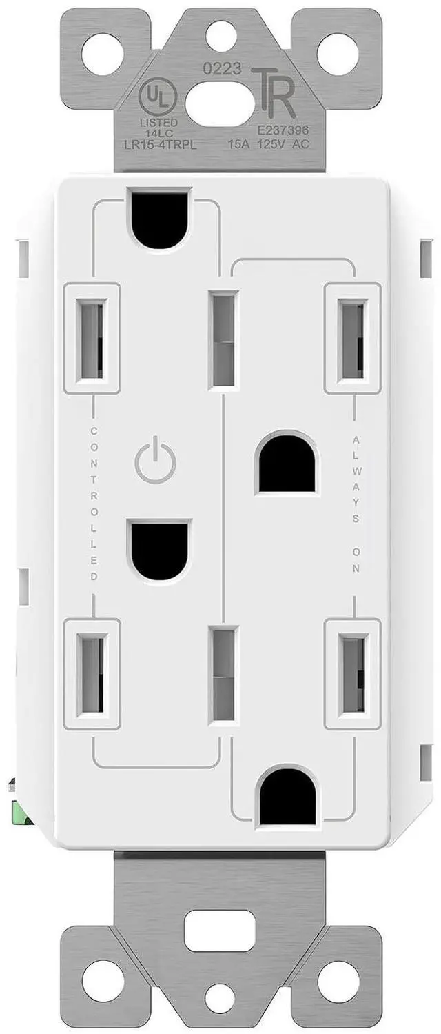 Main image of LIDER Flexiports Decorator Receptacle, Residential Grade, UL Listed, Tamper-Resistant Wall Outlet, Plug Load Control/Always-On Electrical Outlet, Matte Finish, 15A 125V, White