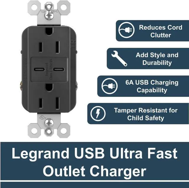 Alt view image 2 of 7 - Legrand radiant R26USBCC6BK 15 Amp Tamper-Resistant Decorator Duplex Receptacle Outlet with Ultra Fast USB C/C 6.0A Charging Ports, Black (1 Count)