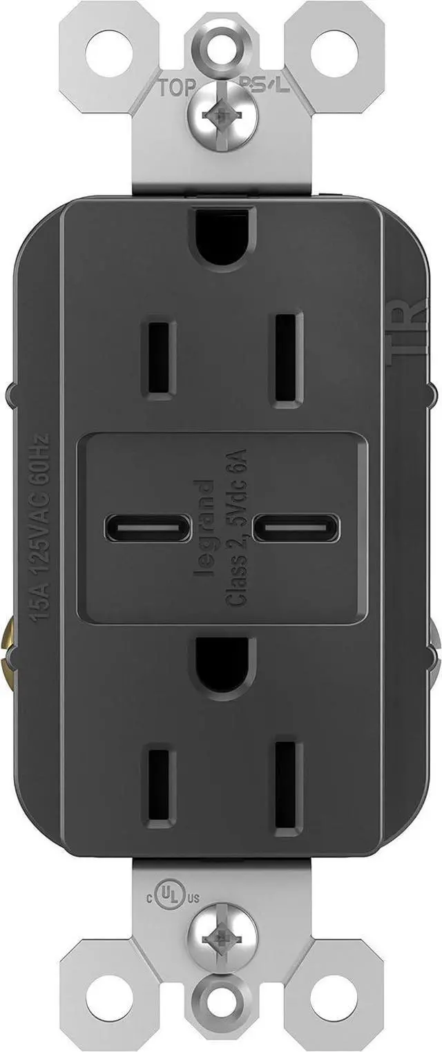 Main image of Legrand radiant R26USBCC6BK 15 Amp Tamper-Resistant Decorator Duplex Receptacle Outlet with Ultra Fast USB C/C 6.0A Charging Ports, Black (1 Count)