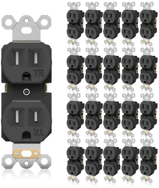 Main image of 20 Pack Black Wall Outlets, 15Amp 125V, Residential Grade Duplex Receptacle, Tamper-Resistant(TR) Electrical Socket, 3-Wire, Self-Grounding, Push & Side Wire, UL Listed