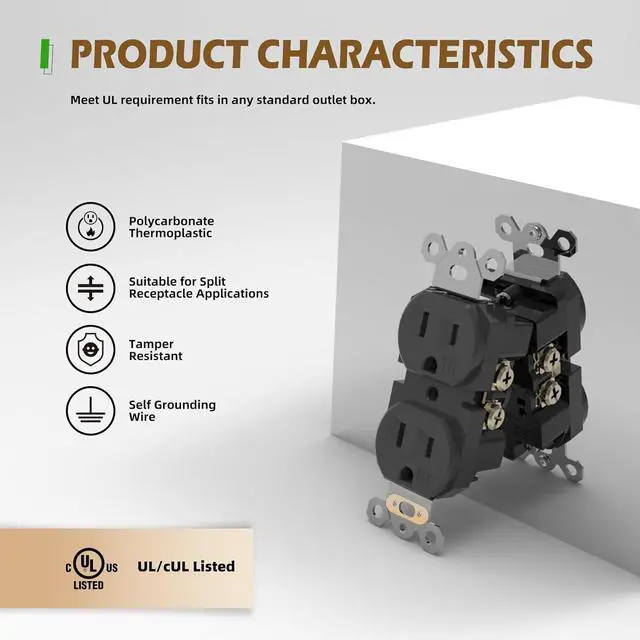 Alt view image 2 of 7 - 20 Pack Black Wall Outlets, 15Amp 125V, Residential Grade Duplex Receptacle, Tamper-Resistant(TR) Electrical Socket, 3-Wire, Self-Grounding, Push & Side Wire, UL Listed