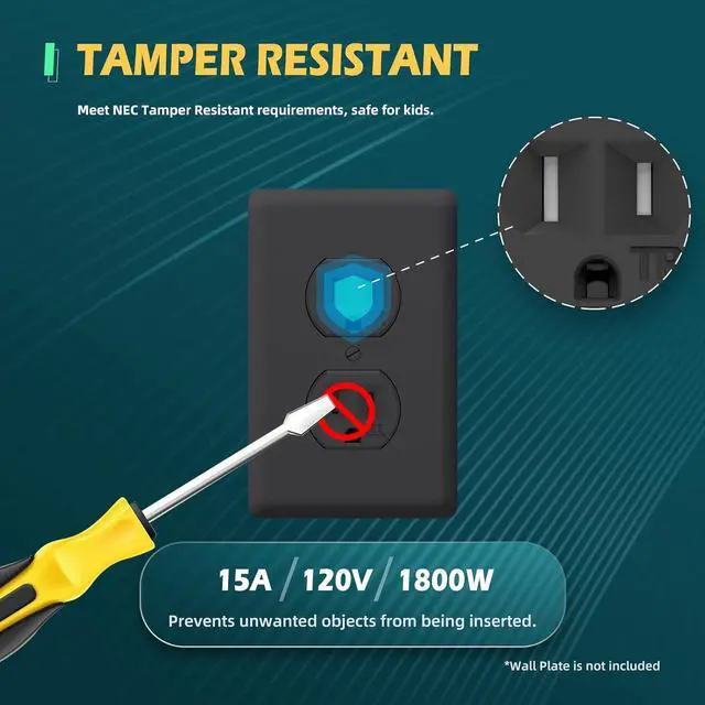 Alt view image 3 of 7 - 20 Pack Black Wall Outlets, 15Amp 125V, Residential Grade Duplex Receptacle, Tamper-Resistant(TR) Electrical Socket, 3-Wire, Self-Grounding, Push & Side Wire, UL Listed