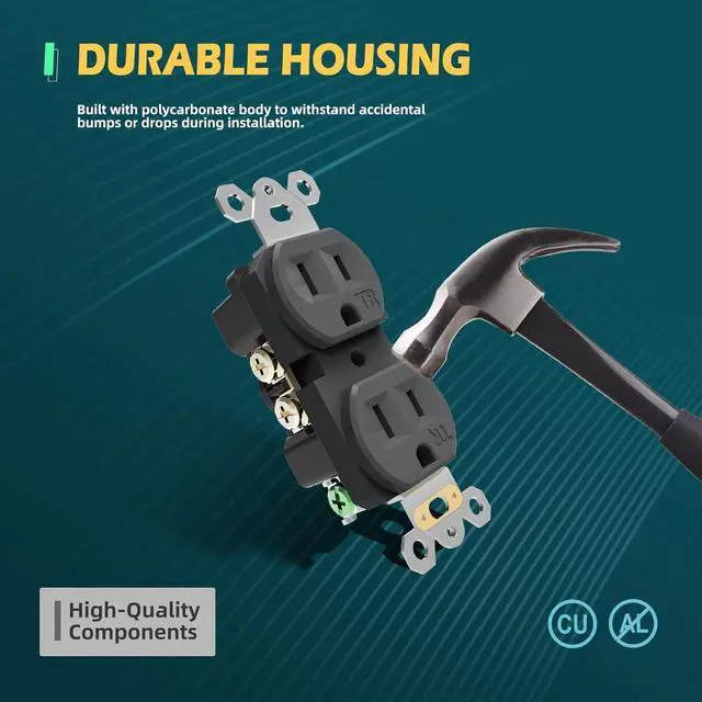 Alt view image 5 of 7 - 20 Pack Black Wall Outlets, 15Amp 125V, Residential Grade Duplex Receptacle, Tamper-Resistant(TR) Electrical Socket, 3-Wire, Self-Grounding, Push & Side Wire, UL Listed