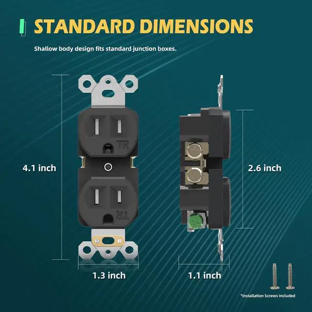 Alt view image 6 of 7 - 20 Pack Black Wall Outlets, 15Amp 125V, Residential Grade Duplex Receptacle, Tamper-Resistant(TR) Electrical Socket, 3-Wire, Self-Grounding, Push & Side Wire, UL Listed