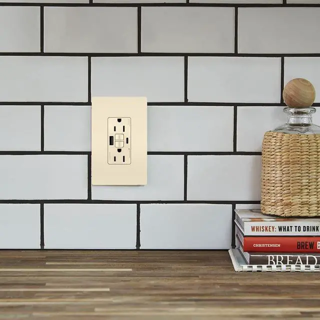 Alt view image 7 of 7 - Legrand Radiant 1597TRUSBACLA 15 Amp GFCI Self Test Tamper Resistant Decorator Duplex Outlet with USB Type A and C, Light Almond (1 Count)