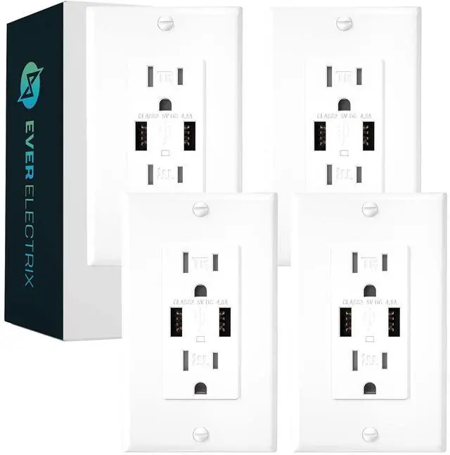 Main image of 4 Pack 4.8A Wall Outlet With USB Ports - 15Amp Duplex Tamper Resistant Electrical Outlet Charger, UL Listed, White