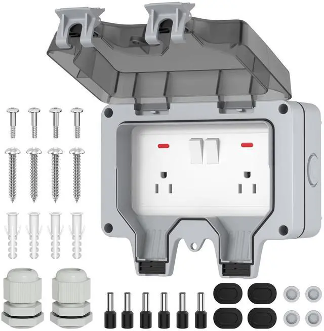 Main image of Joinfworld Outdoor Outlet Box, Waterproof Electrical Outlet Box 15A 250V Lockable Outlet Plug Socket Box with LED Indicator (Double Plug Socket)