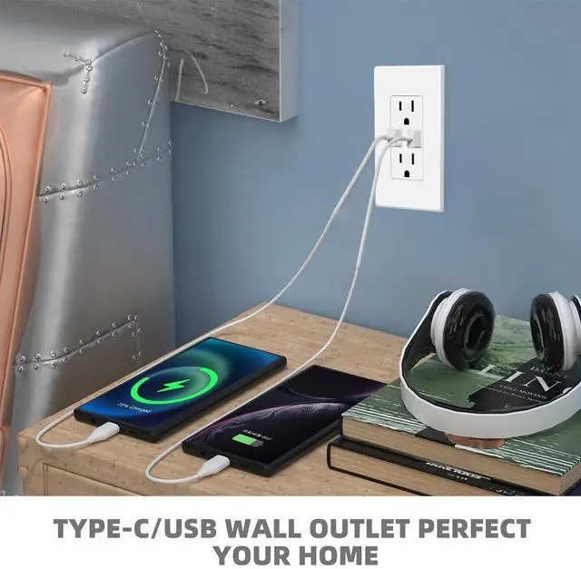 Alt view image 5 of 7 - Micmi USB Outlet with C + A Wall Dual High Speed Receptacle Smart 4.8A Fast Charging Capability,15Amp 125Volt, Tamper Resistant Wall Plate Included (10Pack, White, 15 Amp Outlet)