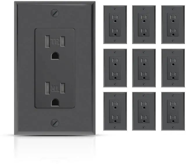 Main image of Black Decorator Wall Receptacle Outlet, 15A Duplex Standard Tamper-Resistant Electrical Outlet, Self-Grounding, 2-Pole, 3-Wire, Wall Plate Included, UL Listed, 10 Pack