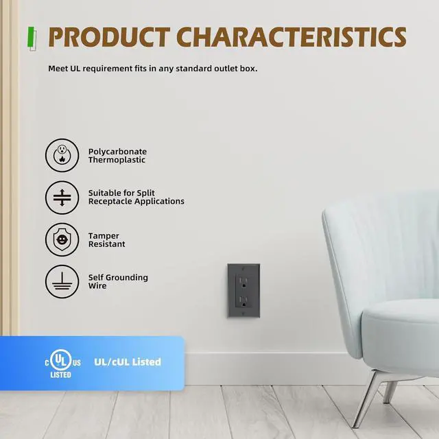Alt view image 2 of 7 - Black Decorator Wall Receptacle Outlet, 15A Duplex Standard Tamper-Resistant Electrical Outlet, Self-Grounding, 2-Pole, 3-Wire, Wall Plate Included, UL Listed, 10 Pack