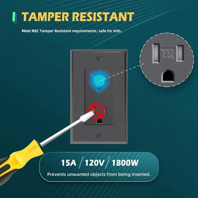 Alt view image 3 of 7 - Black Decorator Wall Receptacle Outlet, 15A Duplex Standard Tamper-Resistant Electrical Outlet, Self-Grounding, 2-Pole, 3-Wire, Wall Plate Included, UL Listed, 10 Pack