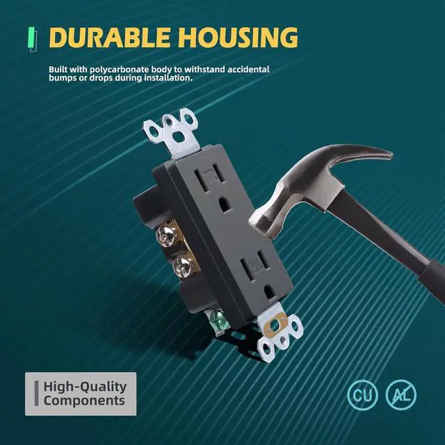 Alt view image 4 of 7 - Black Decorator Wall Receptacle Outlet, 15A Duplex Standard Tamper-Resistant Electrical Outlet, Self-Grounding, 2-Pole, 3-Wire, Wall Plate Included, UL Listed, 10 Pack