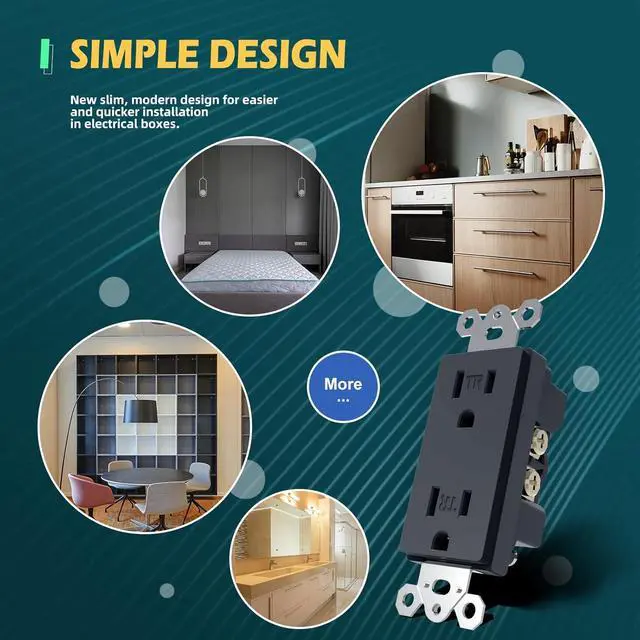 Alt view image 5 of 7 - Black Decorator Wall Receptacle Outlet, 15A Duplex Standard Tamper-Resistant Electrical Outlet, Self-Grounding, 2-Pole, 3-Wire, Wall Plate Included, UL Listed, 10 Pack