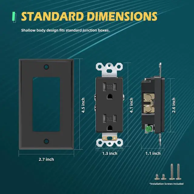 Alt view image 6 of 7 - Black Decorator Wall Receptacle Outlet, 15A Duplex Standard Tamper-Resistant Electrical Outlet, Self-Grounding, 2-Pole, 3-Wire, Wall Plate Included, UL Listed, 10 Pack