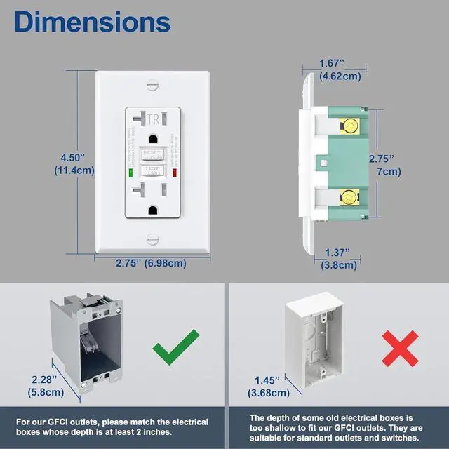 Alt view image 2 of 7 - 2 Pack 20 Amp GFCI Outlet GFI Electrical Outlet Tamper Resistant(TR) Self-Test GFI Receptacles with LED Indicator Decoration Wall Plates UL Listed White